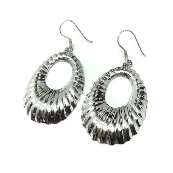 BoHo Bling Womens Earrings Sterling Silver Ribbed Oval Design | Blingschlingers - Picture 4 of 6